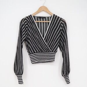 MNG Mango Metallic Striped Surplice Wrap Top Black Silver XXS